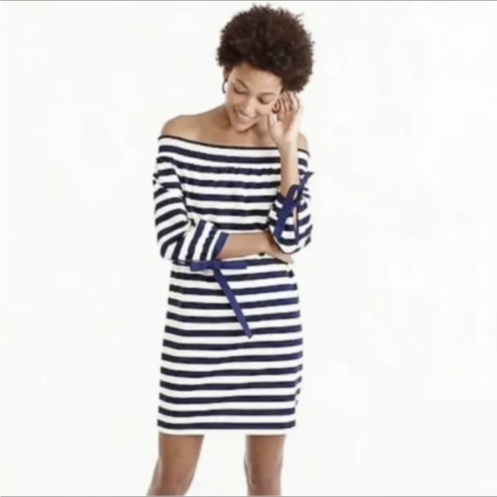 J Crew Stripe Off Shoulder Muslin Smocked Bow Sleeve Dress Sz S G2664